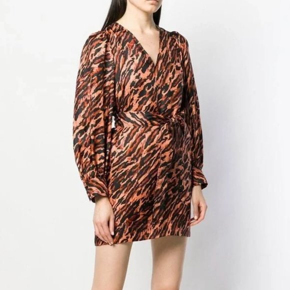 Sandro Dresses & Skirts - Sandro Lunas Abstract Leopard Print Silk Belted Dress 1 Long Sleeves V-Neck Mini
